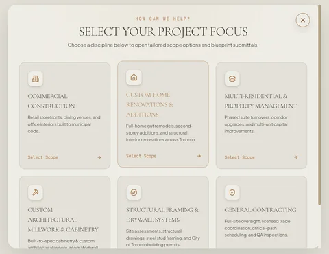 Dura Build Contracting redesigned project focus selector preview