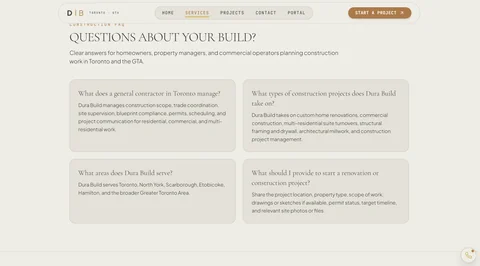 Dura Build Contracting redesigned services FAQ preview